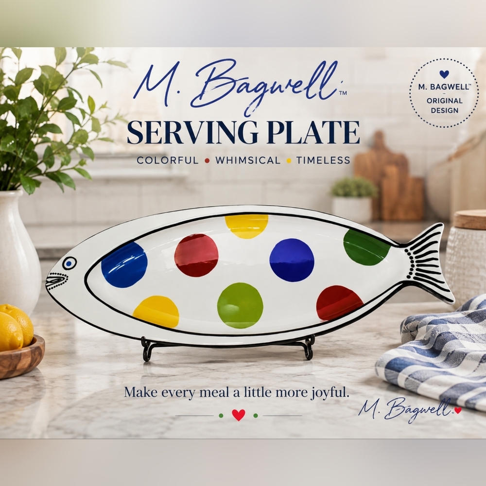 M. Bagwell Colorful Polka Dot Fish Serveware Coastal Dining Ceramic Home Decor